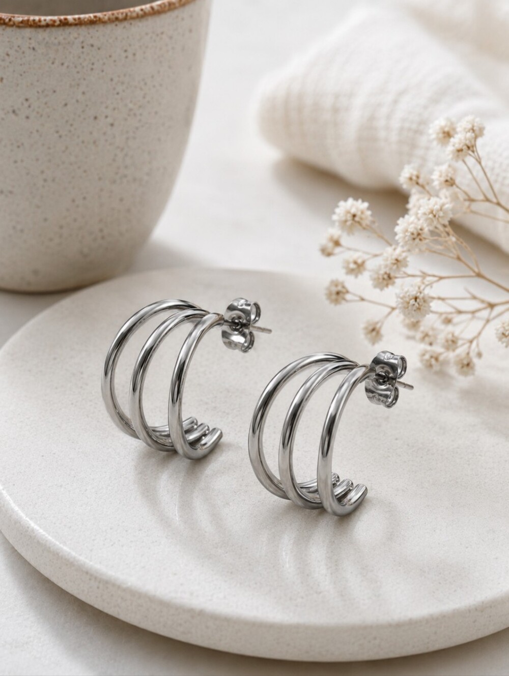 Triple Hoop Earrings 18K White Gold Plated Silver Minimalist Quiet Luxury 0.5"